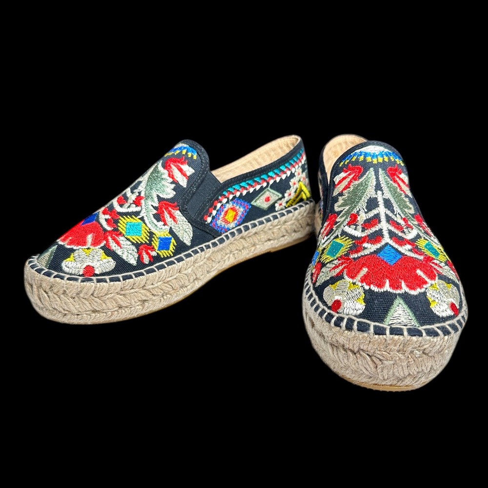 Johnny Was Embroidered Espadrille Platform Slip On Shoes Black Multi Floral 41